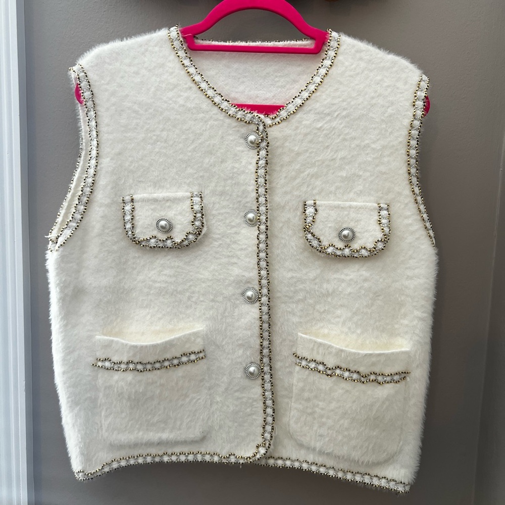 Chic White Vest with Pearl Accents